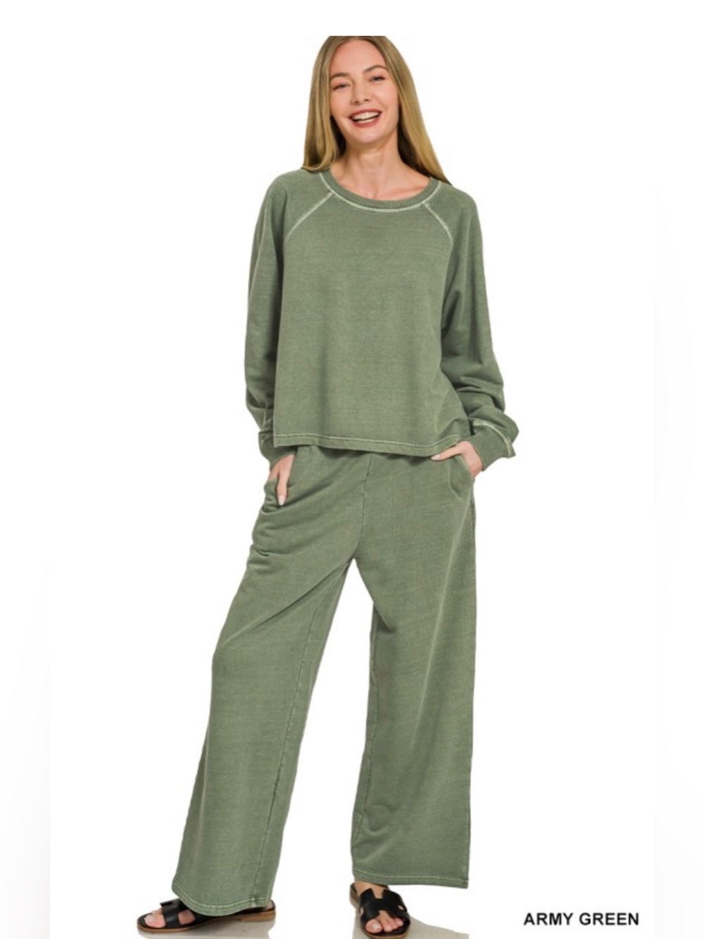 ZENANA Washed French Terry Pullover & Wide Leg Pants Set | Army Green